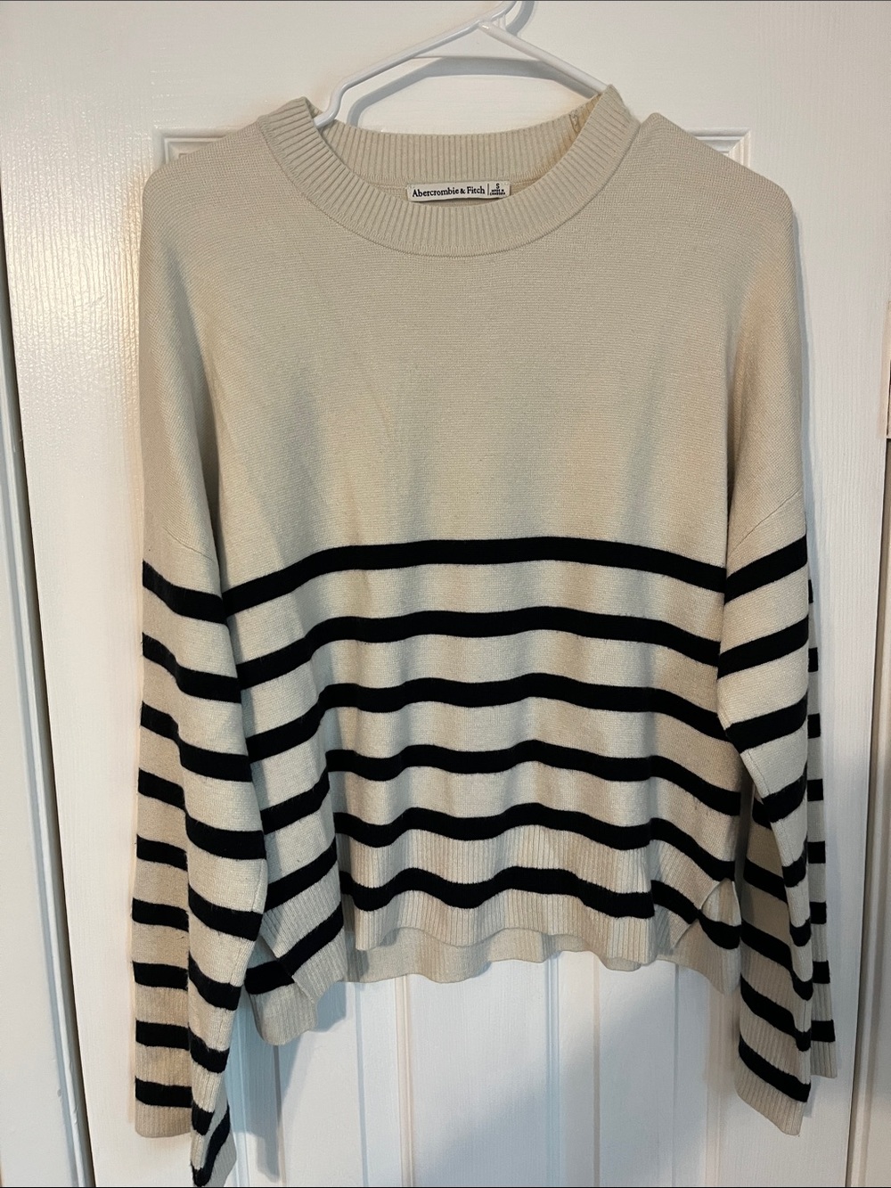 Abercrombie & Fitch Cream with Black Stripe Crewneck Sweater